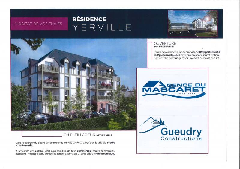 Centre ville de Yerville 76760 - Appartement neuf T3 de 73m² hab. avec cave et stationnement - Proximité A 29